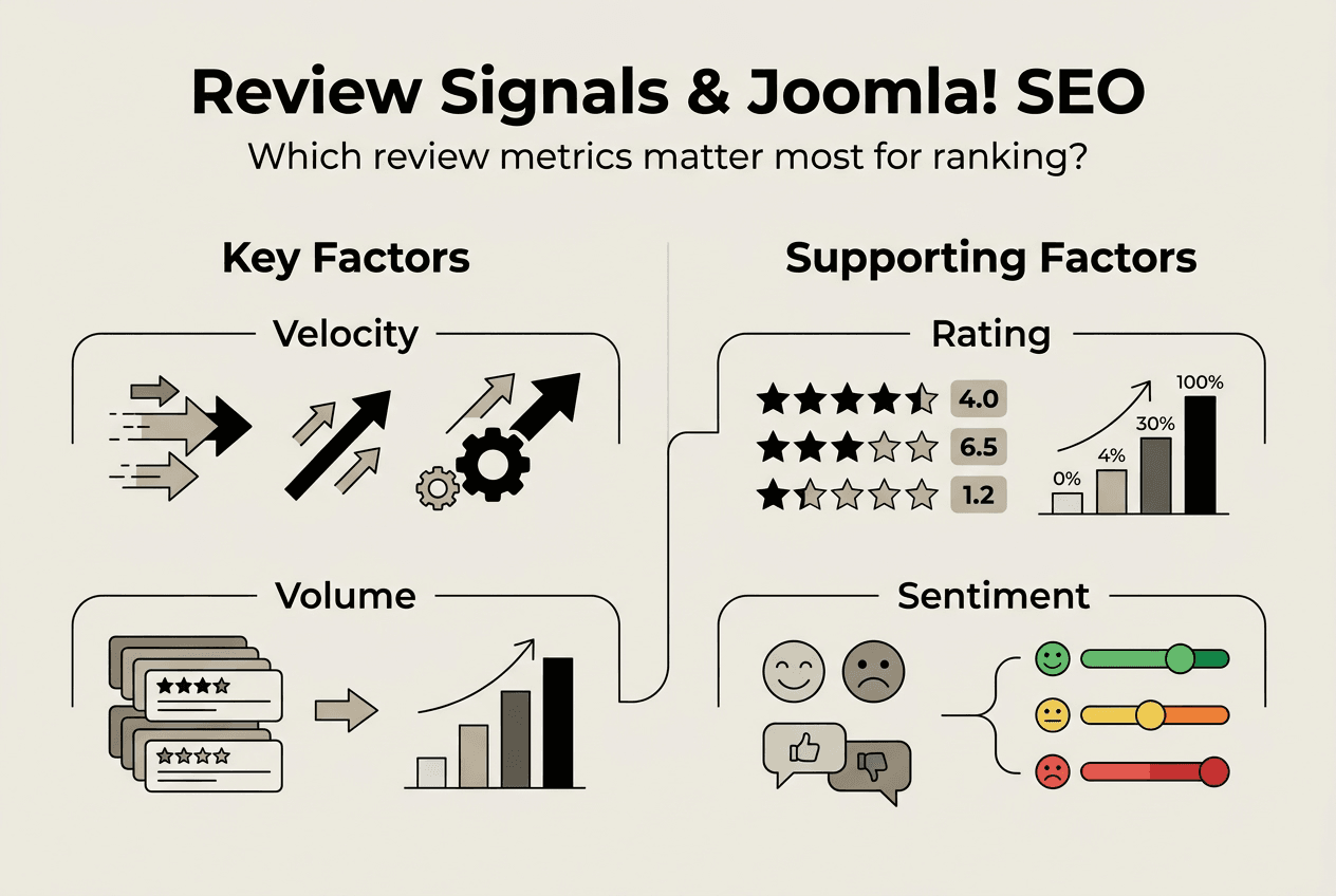 Infographic comparing review factors for Joomla SEO