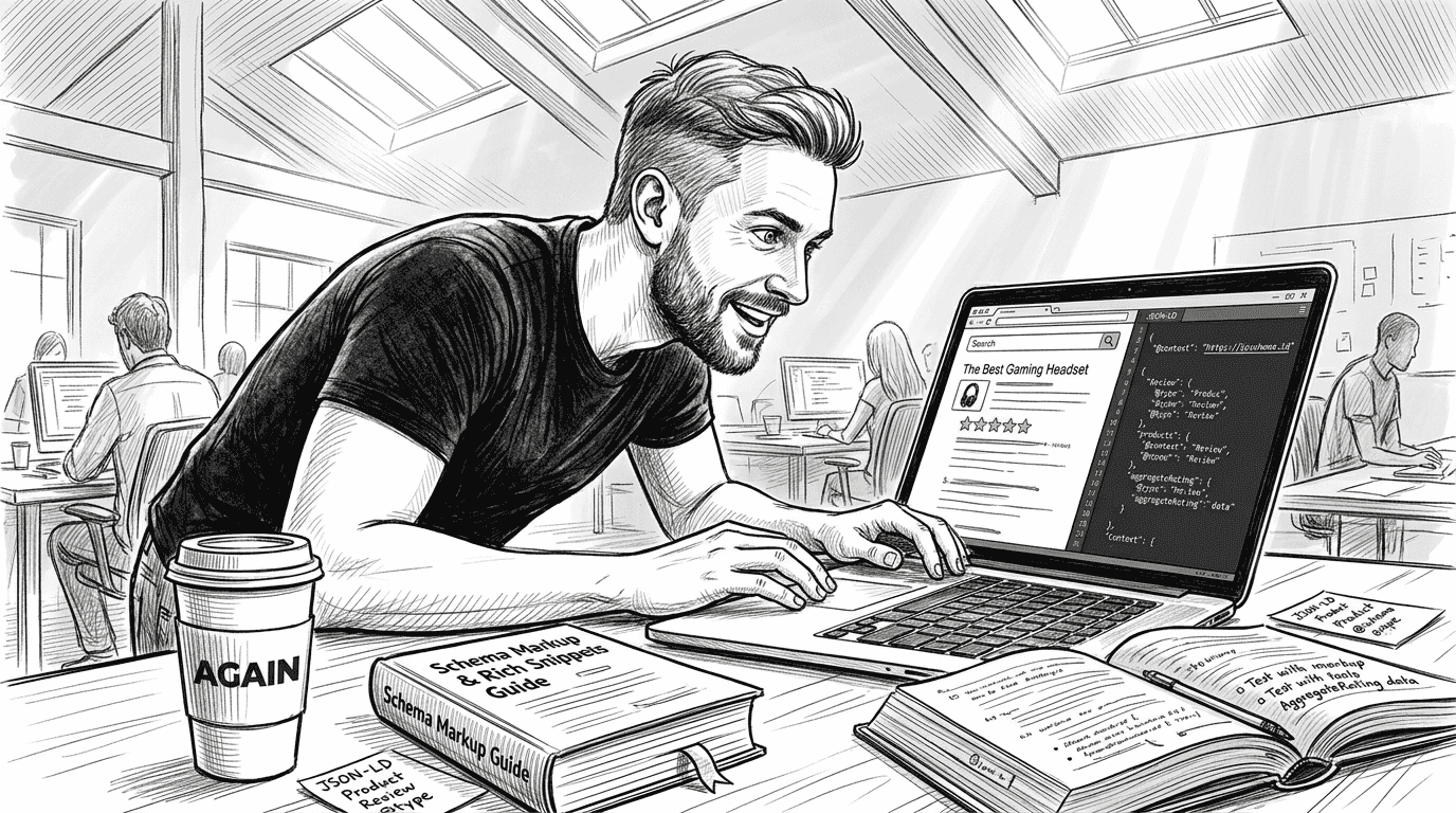 Developer implementing review schema on Joomla laptop