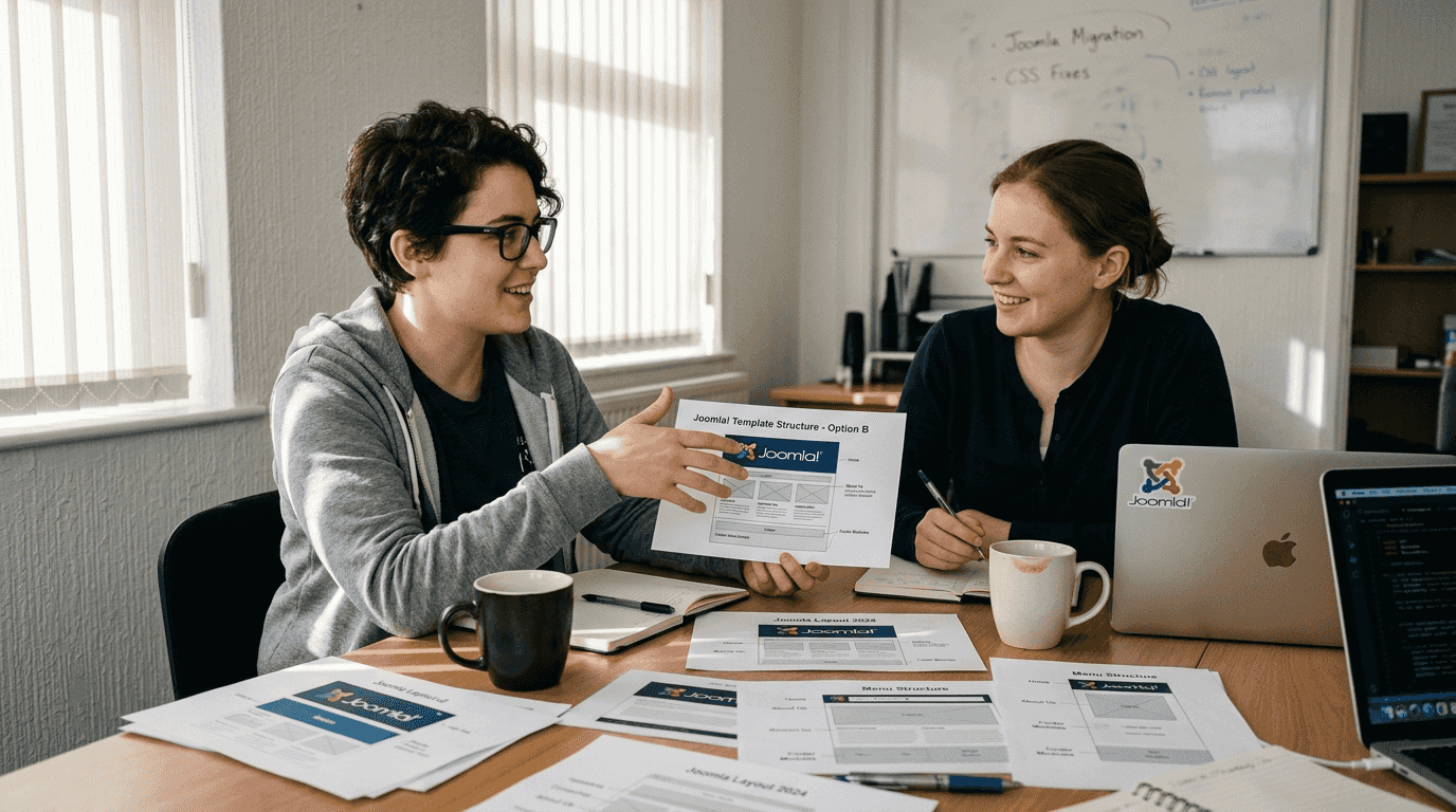 Team reviewing a Joomla template layout
