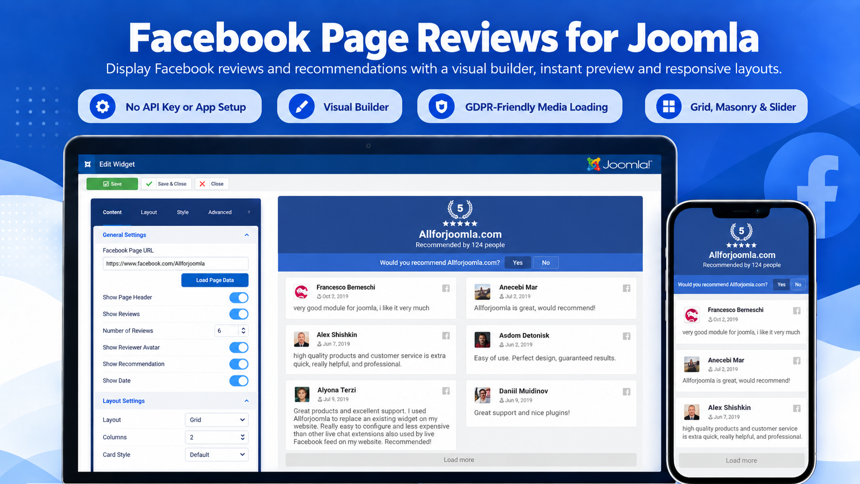 Facebook Page Reviews for Joomla with Visual Builder, responsive review layouts and GDPR-Friendly Media Loading