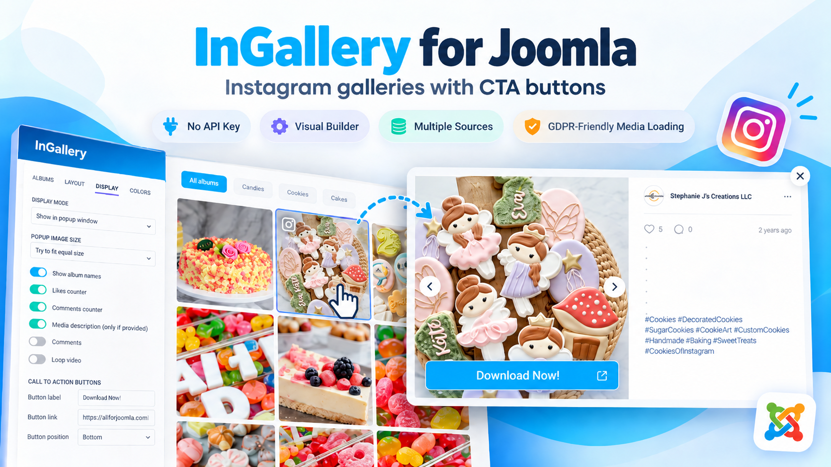 InGallery for Joomla showing the visual Instagram gallery builder, responsive gallery and CTA button on a post