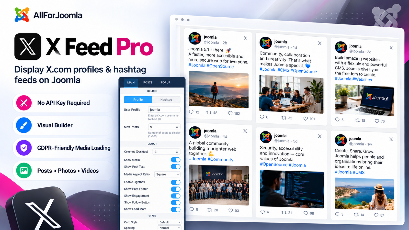 X Feed Pro for Joomla banner showing the Visual Builder and a sample X.com profile feed with posts, photos and videos